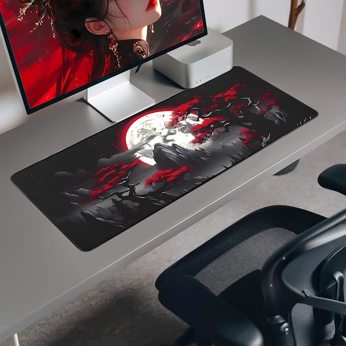 FreeNook Large Gaming Mouse Pad, Anime Black Mousepad with with Non-Slip Base, Expanded Cool Desk Mat, Mountain Moon Scenery XL Keyboard Mat Suitable for Home Office,31.5 X 15.7 Inch