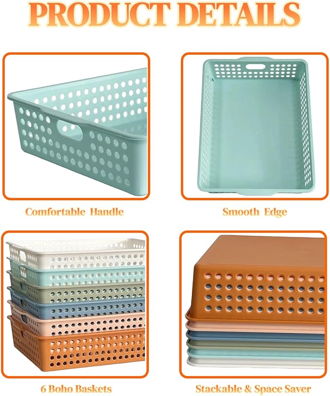RAUVOLFIA 6 Pack Plastic Turn in Paper Trays for Classroom, Colorful Storage Bin Basket Organizers for School Supplies, Classroom Organization and Storage Tray Holds 4A Paper (Boho)