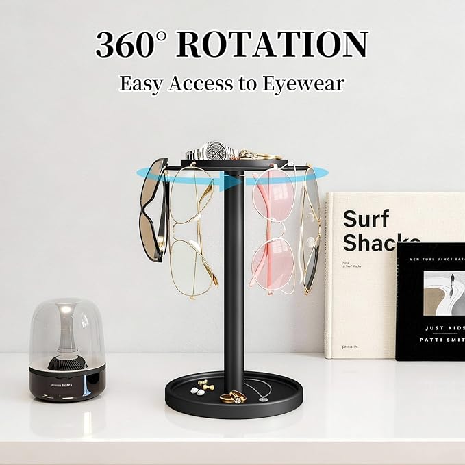 LSK 360° Rotating Sunglasses Organizer, Stainless Steel Glasses Holder Stand with Tray, Glasses Organizer with Storage Base for Dresser, Desk Table, Nightstand & Home Decor, Black