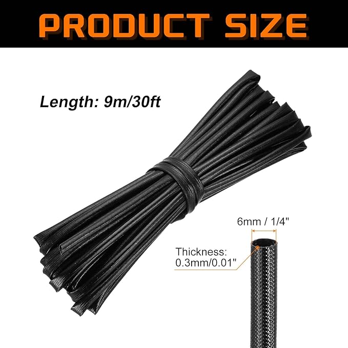 MECCANIXITY 30ft Braided Cable Sleeve, 1/4" ID 200C Heat Resistant 1500V Fiberglass Wire Insulation Cord Protector Organizer Wires Management for Motor Engine Fuel Line, Black