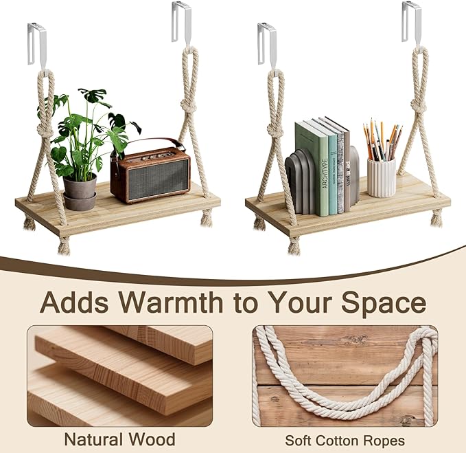 2 Pack Fabric Wall Cubicle Shelf, 11.8" Wooden Hanging Cubicle Shelf Organizer with Hooks, Dual Mounting Options, Cotton Rope Storage Shelf, No-Drill Boho Style for Office Cubicles & Desk Decor