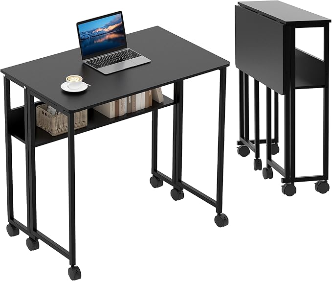 Folding Desk Small Rolling Desk with Storage Shelf,31.5 Inch Foldable Computer Table with Wheels,Portable Office Desk for Small Space Sofa Table,Easy to Fold,Writing Work Office Computer Desk,Black