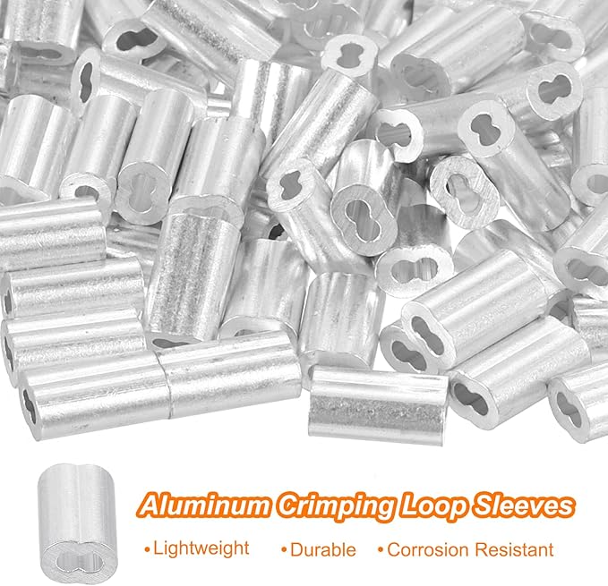 uxcell 100Pcs Aluminum Crimping Loop Sleeve for 3/64" Diameter Wire Rope, Double Ferrule Aluminum Wire Rope Sleeve for Cable Line End