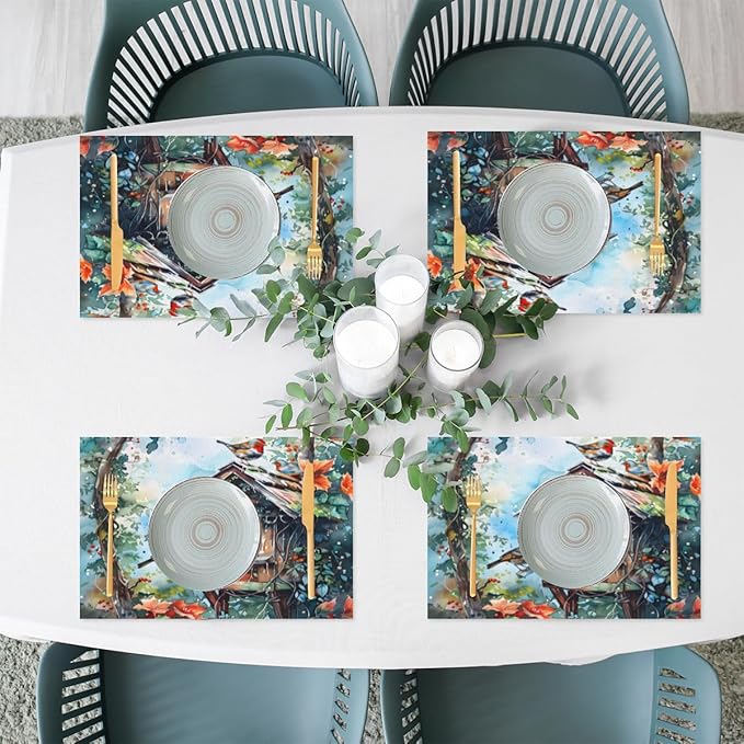 Placemats Set of 4 Heat-Resistant Rectangle Place Mats Robin Christmas Xmas Washable Plastic PVC Dining Table Mat Non-Slip Wipeable Woven Vinyl Placemat for Kitchen Patio Table Decor