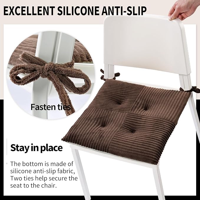 Office Stacking Chair Cushions 4 Pack, Corduroy High Density Foam Kitchen Seat Cushions with Ties, Square 17" x 17" Indoor Non-Slip Dining Chair Pads, Brown, 4pcs