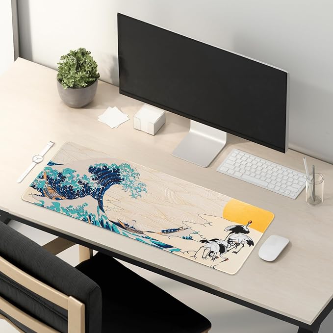 BELLEMOND Japanese Art Desk Mat | Large 31.5x11.8in Anime Mouse Pad for Keyboard & Mouse | Non-Slip Base, Water-Repellent | Original Japanese Design | Waves of Harmony