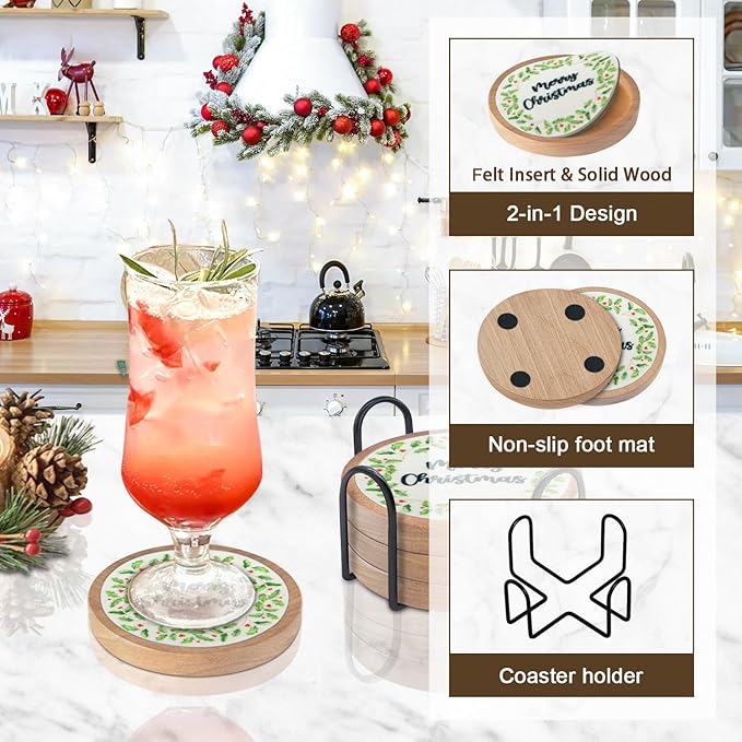 Christmas Coasters Set of 4 with Holder, Cewiru Cup Mat for Drinks, Absorbent Coasters with Felt Insert for Coffee Table Protection, Modern Style Home Dining Table Decor, 4.3"