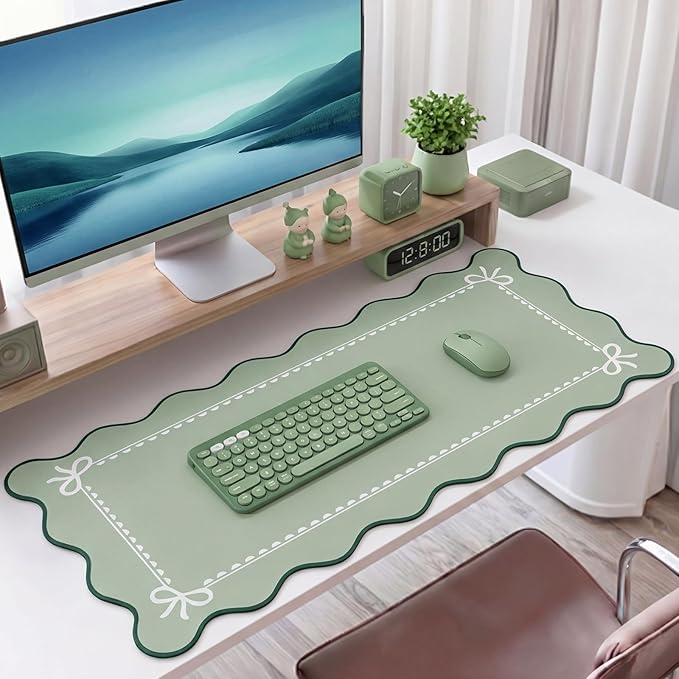 Scalloped Bow Desk Mat Cute Coquette Large Mouse Pad Kawaii Cottagecore ‌Vintage‌ Rustic Keyboard Pad Nonslip 2026 Graduation Gift with Stitching Waterproof Gaming(Sage Green)