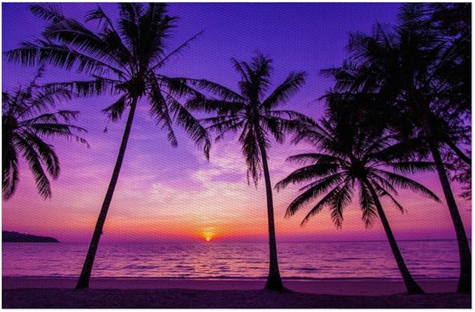 Placemats Set of 4 Heat-Resistant Rectangle Place Mats Beach Purple Sunset Washable Plastic PVC Dining Table Mat Non-Slip Wipeable Woven Vinyl Placemat for Kitchen Patio Table Decor