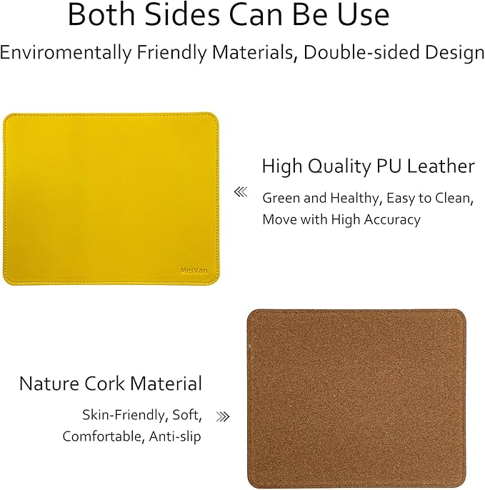 MelVan PU Leather Mouse Pad with Stitched Edge, Wood Mousepad, Waterproof Gaming Mouse Pad Mat for Computers, Laptop, Office & Home, 10.2" x 8.3", 1 Pack (Yellow)
