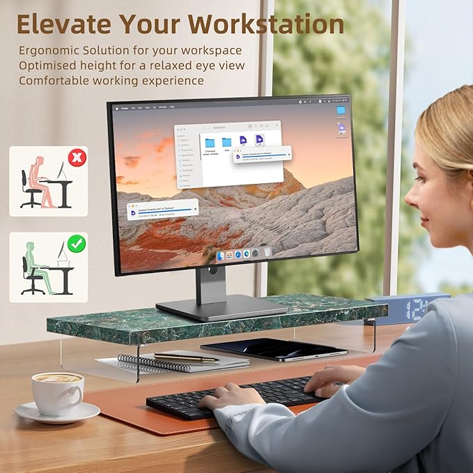 Dual Monitor Stand Riser, 40" Large Computer Monitor Stands for 2 Monitors, Wooden Desktop Organizer Shelf for Office Desk Computer, Laptop, TV, Monitor, Printer