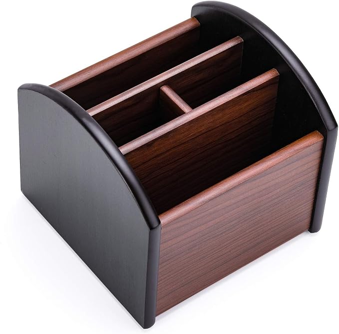 MaxGear Remote Control Holder Caddy, Wooden Desk Organizer with 4 Compartments, Multifunctional Storage for Remote Controls, TV & Office Supplies, Ideal for Tabletop