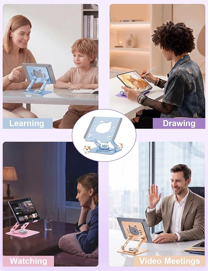 Aoviho Rotating Tablet Stand for Desk - [Adjustable] Drawing Stand for iPad, Portable Aluminum Desktop Holder, Compatible with 4.7–12.9 inch Devices, (Sky Blue)