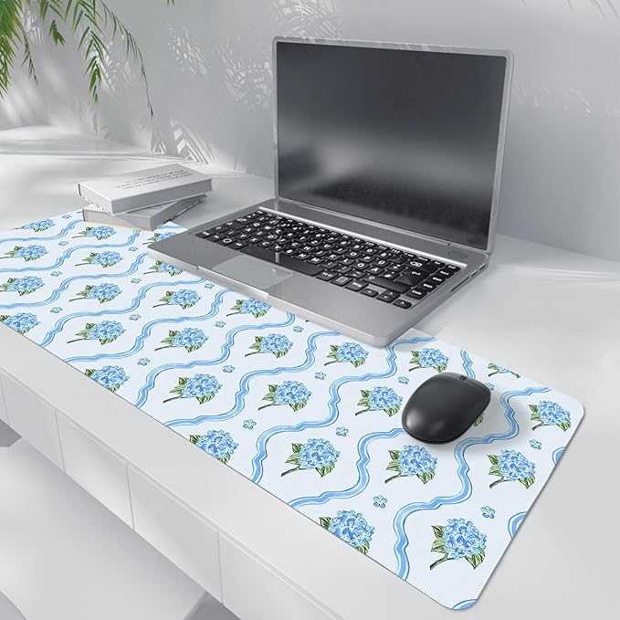 Light Blue Hydrangea Floral Large Mouse Pad,Summer Preppy Cottagecore Desk Mat,Aesthetic Blue and White Flower Botanical Mousepad,for Home Office Dorm Desktop Decor,31.5x11.8 Inch