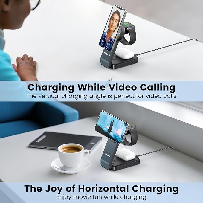 3-in-1 Wireless Charging Station for Apple Devices, 15W Wireless Charger for iPhone 17/16/15/14/13/12, Apple Watch, AirPods, Magnetic Foldable Fast Charger Apple Charging Station