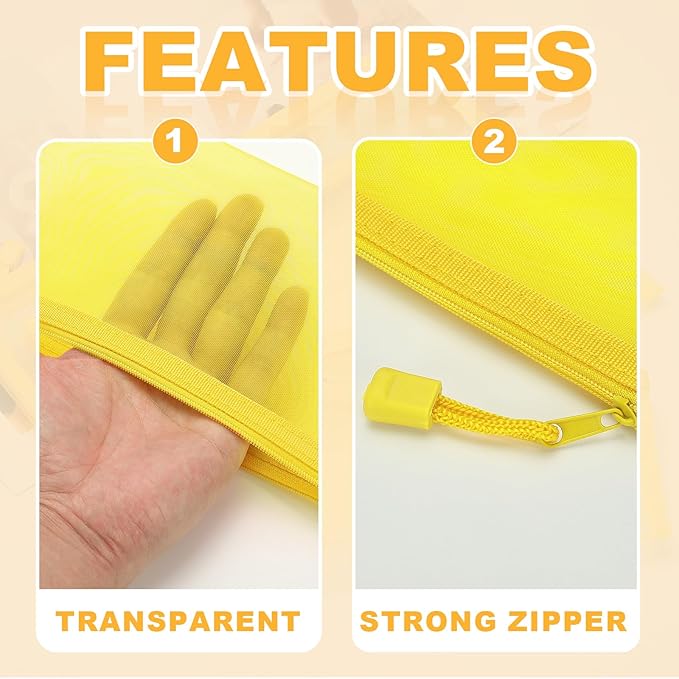 PATIKIL A5 Mesh Zipper Pouch Bags, 5 PCS Mesh Bags with Zipper Plastic Storage Pocket for Organizing File Beads Office Home Supplies, 18x25cm, Yellow
