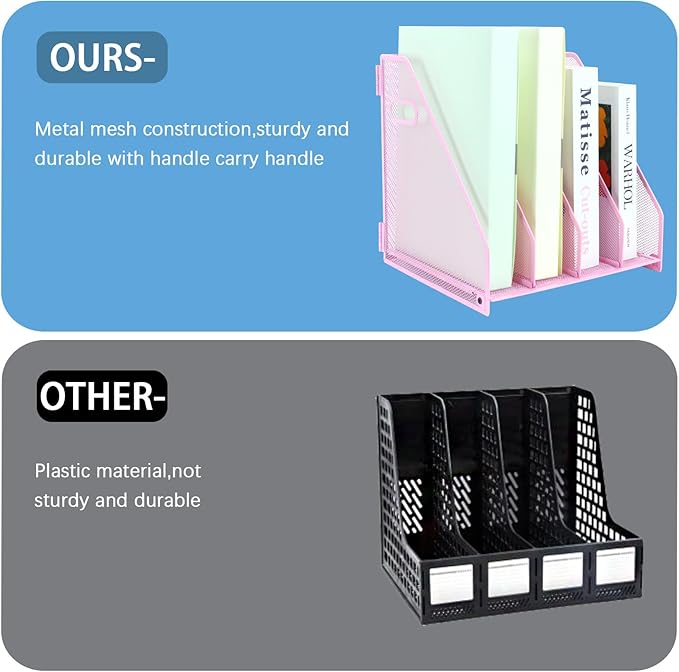 Desk Organizers Metal Magazine File Holder Racks Desktop Folder Storage Binder Organiser Document Organization for Home Office & Classroom,4 Vertical Compartments-Pink