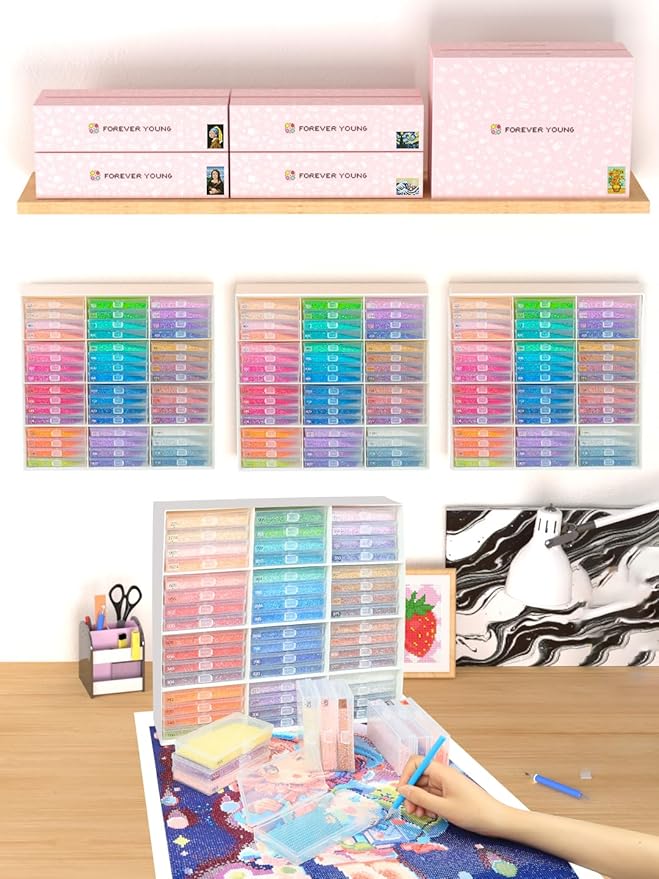 forever young Extra Large Diamond Art Storage Containers Trays ＆ Stand, 48 PCS Diamond Painting Trays with Lids for Adults & Hobbyists, 2-in-1 Organizer for Bead Sorting & Organized Workspace
