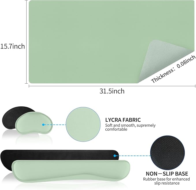 Desk Mat Set， Wrist Rest for Computer Keyboard, 3-in-1 Large Mouse Pad and Keyboard Wrist Rest Set, Non-Slip Desk Mat Protector for Office, Home(27.5×13.8 Inches, Lake Green)