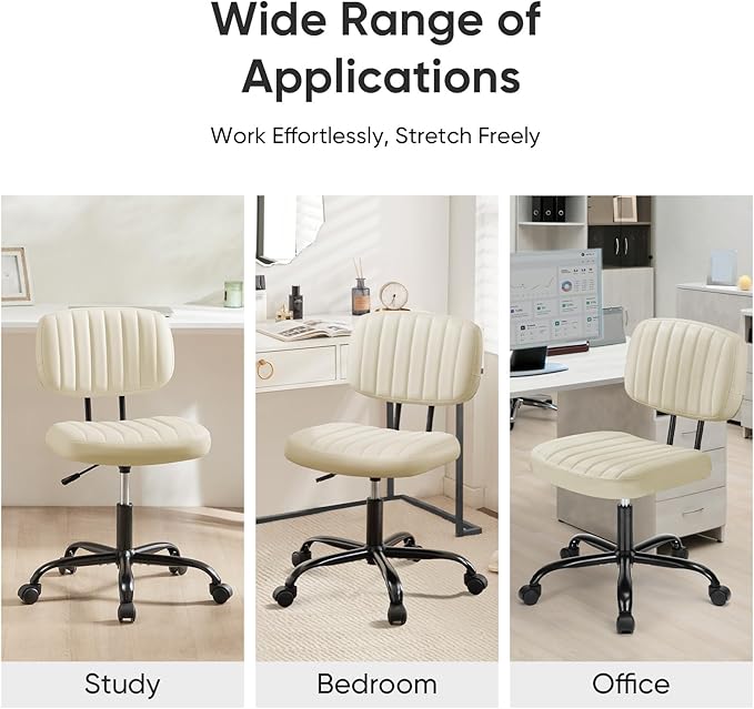 DUMOS Armless Home Office Executive Chair - Small Desk Chair with Low Back Lumbar Support, Height Adjustable PU Leather Computer Task Chair with 360° Swivel Wheels, for Adults, Beige