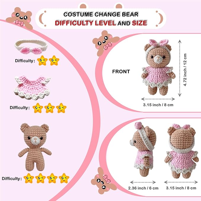 LoopMap Amigurumi Crochet Kit for Beginners with Removable Dress & Video Tutorials, DIY Bear Making Kit Includes Premium Yarn & Tools, Creative Gift for Adults Teens (Pink)