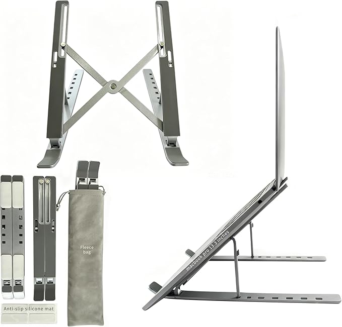 Desktop Laptop Stand, iPad Stand, Aluminum Alloy, Portable Foldable, 7 Level Adjustable, Ergonomic, Suitable for Laptops up to 18 Inches, Easily Put it in Bag and Use Anywhere