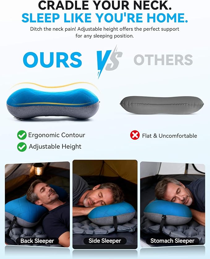 Hikenture Camping Pillow with Removable Cover - Ultralight Inflatable Pillow for Neck Lumbar Support - Upgrade Backpacking Pillow - Washable Travel Air Pillows for Camping, Hiking, Backpacking
