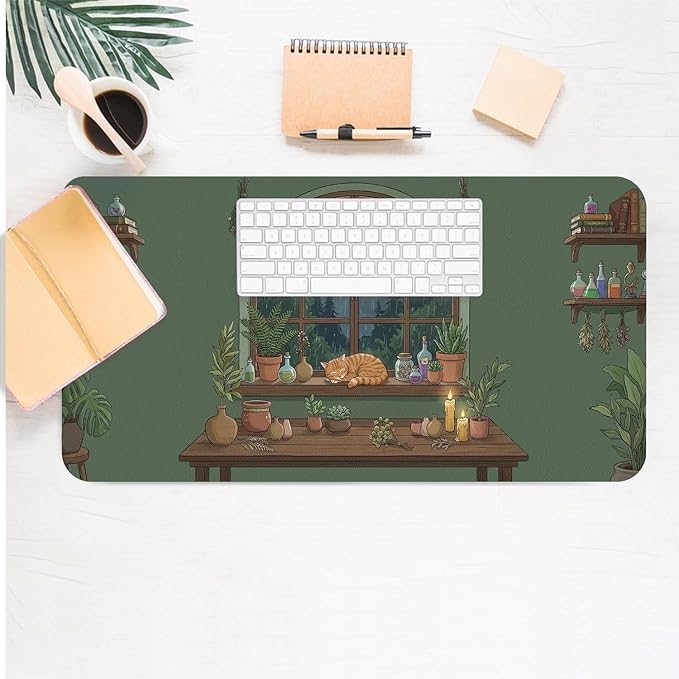 Cute Desk Mat, Green Rainy Night Large Mouse Pad for Desktop, PU Leather Waterproof Desk Pad, Anti-Slip Computer PC Laptop Protector Gaming Mouse Pads for Office Home Decorations (27.5" x 13.8")