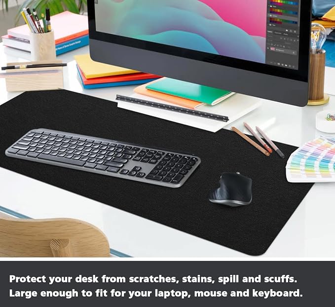 PVC Leather Desk Pad Blotter Ultra Thin Large Mouse Pad Waterproof Laptop Writing Mat Non-Slip Desk Cover Protector (Black, 16" x 32")