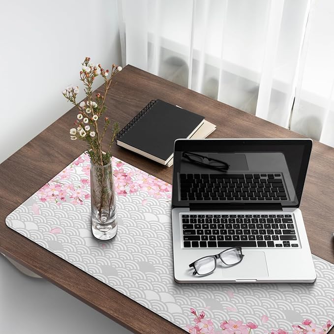 Gaming Mouse Pad with Anti-Slip Rubber Base, Extended Large Computer Mouse Mat with Stitched Edges, Long XL Anime Mousepad for Laptop and Keyboard, 31.5 x 11.8 inch (Grey Cherry Blossom)