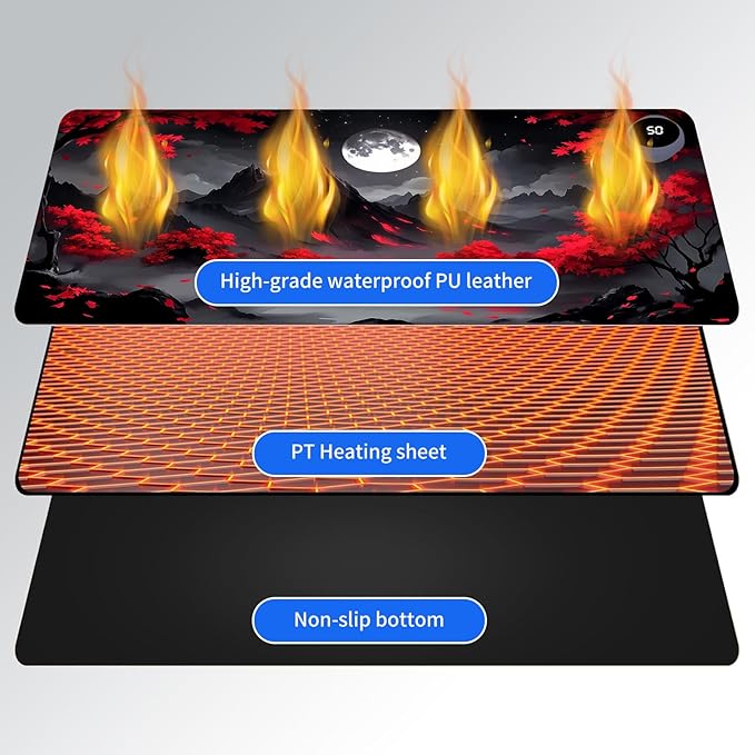 Heated Mouse Pad,Warm Desk Pad with 3 Levels Heating & 3 Hours Auto Shut-Off, PU Leather Heated Desk Pad Warmer Pad for Home Office - 23.6 x 14.2 inch,Red Tree Moon