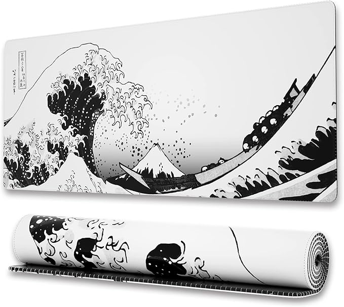 Ovenbird Gaming Mouse Pad with Stitched Edges, Japanese Wave Extended XL Mousepad with Anti-Slip Base, Cool Large Mouse Pad for Desk, 31.5 x 11.8 in, Black and White