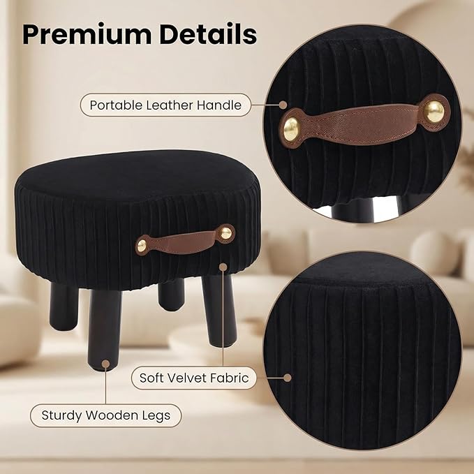 Small Ottoman Foot Rest,Foot Stool with Handle, Velvet Footstool Ottoman with Padded Seat, Curved Foot Rest Stool with Wooden Legs for Living Room, Entryway, Black