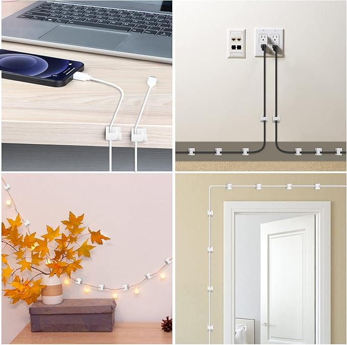 100 PCS Cable Clips White, Upgraded Adhesive Cord Clips for Wires on Wall, Strong Wire Clips Holders for Cord Cable Management, Ethernet Cable, TV Coax, Extension Cord, Power Cable, Large