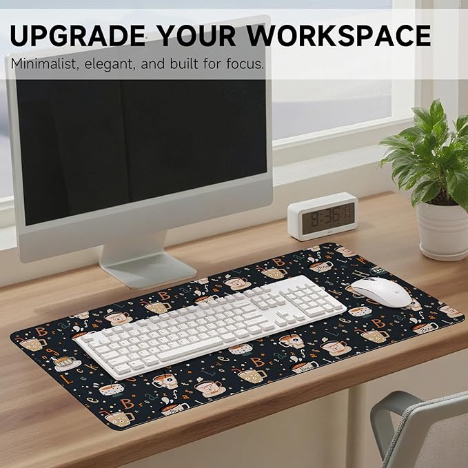 AUPET Leather Large Mouse Pad Desk Blotters – 35 x 17in Cute Desk Mat with PU Surface, Non-Slip Desk Pad Protector,Waterproof Desk Writing Pad for Office Home (Morning Coffee)