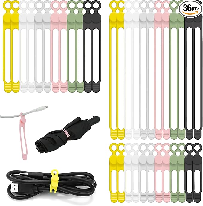 36Pcs Silicone Cable Ties, 6 Colors Data Cable Organizer Ties, 3 Sizes Cord Ties for Charging Cables, Wire Organizers, Electrical Cords, Computer Wires, Cord Organizers