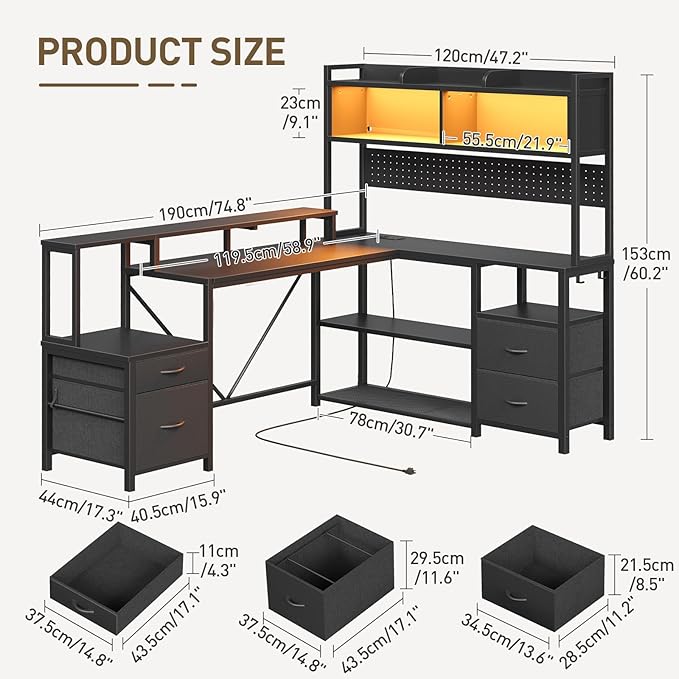 RALGEND 75" L Shaped Gaming Desk with Hutch, L Shaped Desk with Drawers, LED Light, Power Outlets & Pegboard, Corner Desk with Storage Shelves & Monitor Stand for Home Office, Black