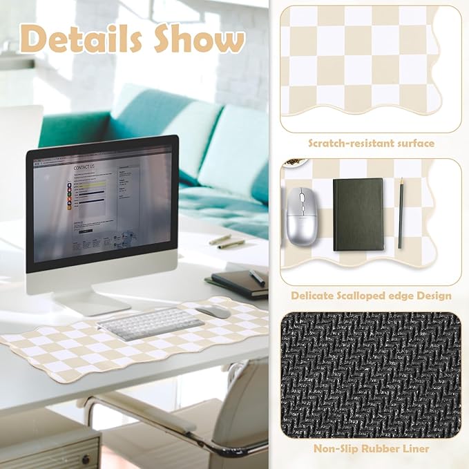 Copkim 1 Pcs Beige Scalloped Checkered Desk Mat 31.5 x 11.8 Inch Large Cute Mouse Pad Computer Mat Non Slip Waterproof Rubber Base with Border Stitching Soft Keyboard Pad for Home Office Gaming Makeup