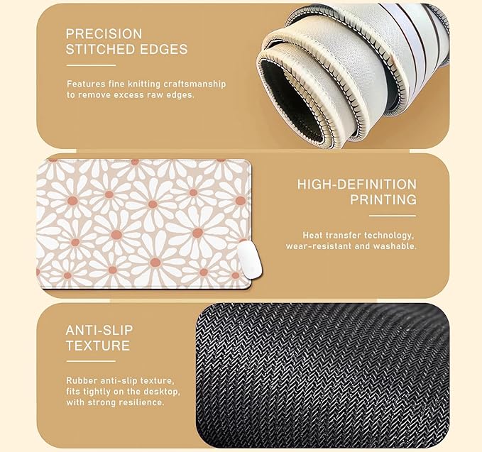Cute Large Mouse Pad for Desk, Beige Flower Desk Pad for Computer Keyboard Laptop, Daisy Boho Big Mousepad, Non-Slip Base Floral Desktop Mat for Home Office, 31.5 x 11.8 inches