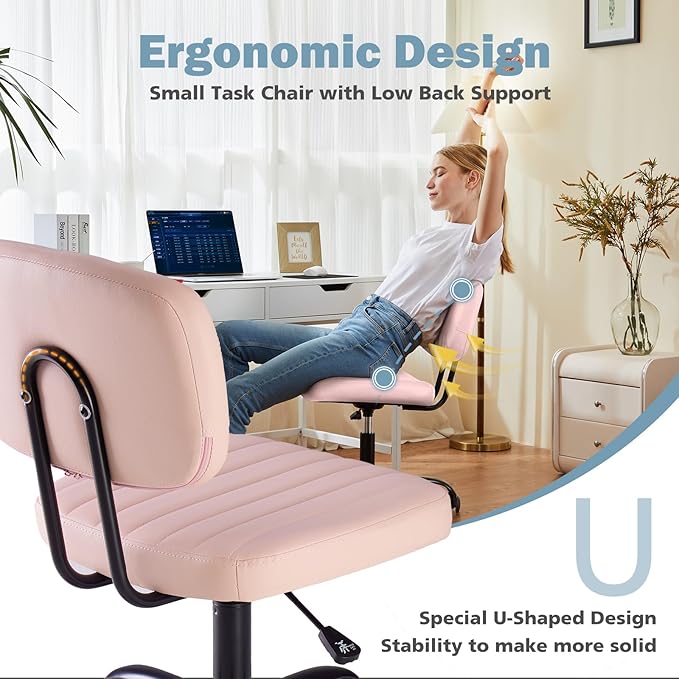 DUMOS Armless Home Office Executive Chair - Small Desk Chair with Low Back Lumbar Support, Height Adjustable PU Leather Computer Task Chair with 360° Swivel Wheels, for Adults, Pink