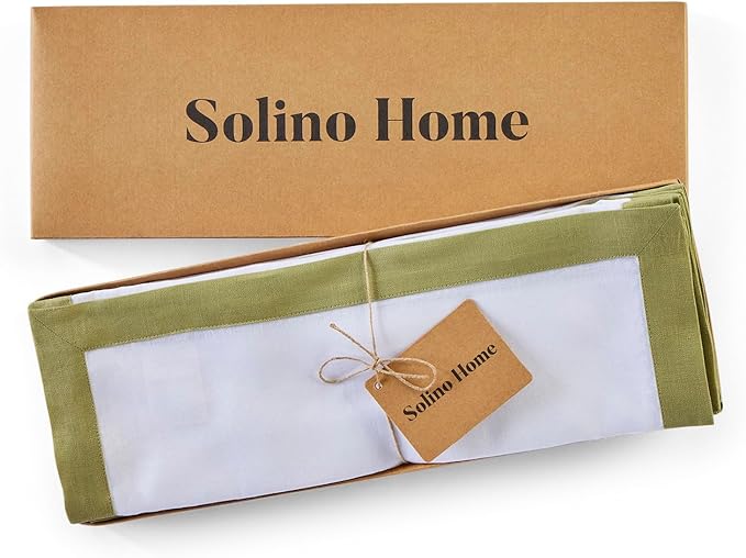 Solino Home Linen Placemats Set of 4 - Avocado and White Placemats 14 x 19 Inch - 100% Pure Linen Table Place Mats - Classic, Handcrafted and Machine Washable