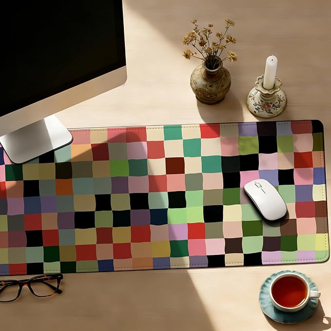Colored Squares Mouse Pad,35.4 x 15.7 Inch Large Mouse Mat Non-Slip Rubber Stitched Edges for Writing Desk,Office,Home,Laptop
