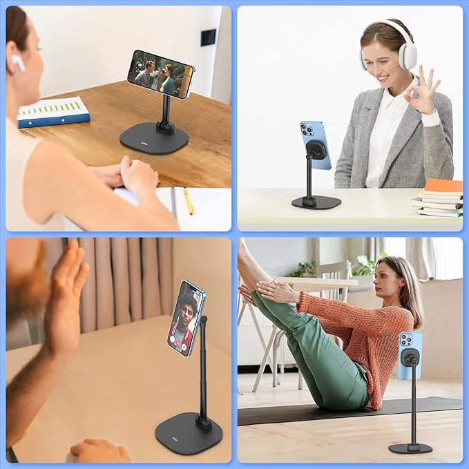 VRIG Magnetic Desk Phone Stand for Office/Home, 360°Rotation Phone Holder with Magnetic Ring Height&Tilt, Adjustable Cell Phone Stand for iPhone 17 16 15 14 13 12 and More/Android