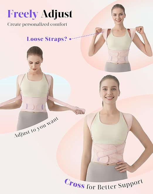 Kepwaa Posture Corrector for Women and Men, 5 Full Back Support Brace Rods, Adjustable Shoulder Straightener, Relief for Upper and Lower Back, Neck, Lumbar, Scoliosis, Hump, Pink, Medium