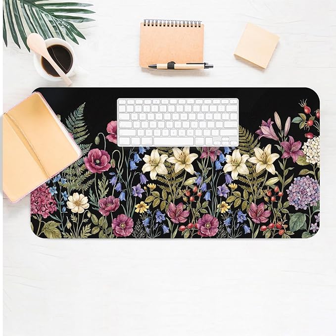 Cute Desk Mat, Black Floral Plants Large Mouse Pad for Desktop, PU Leather Waterproof Desk Pad, Anti-Slip Computer PC Laptop Protector Gaming Mouse Pads for Office Home Decorations (27.5" x 13.8")