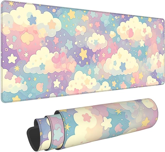 Cute Large Mousepad,Colorful Clouds and Stars Aesthetic Mouse Mat,Extended Pastel Pink Kawaii Women Office Desk Decor Mat,Girly Dreamy Mouse Pad for Work Game Office and Home,31.5 x 12in