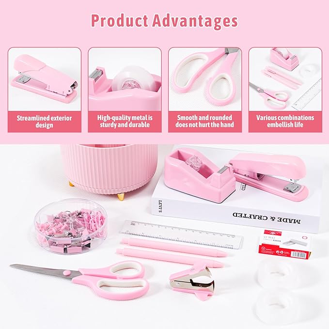 Pink Desk Accessories 12Pcs Set, Cute Office Supplies Decor for Women, 360° Rotating Pen Holder Organizer with Stapler, Tape Dispenser, Staple Remover, Staples, Tape, Clips Set, Ruler, Scissor, Pen