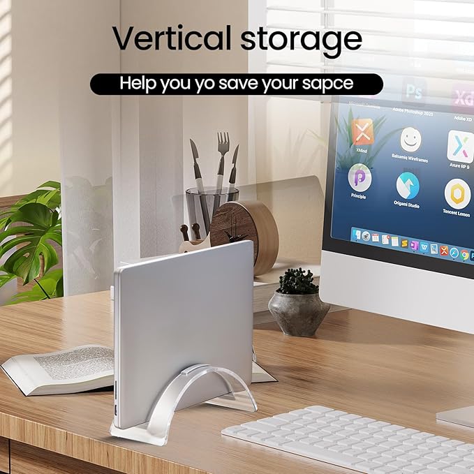 Acrylic Vertical Laptop Stand, Sleek Transparent Desktop Notebook Dock, Space-Saving Docking Stand for MacBook, Surface, HP, Dell and More