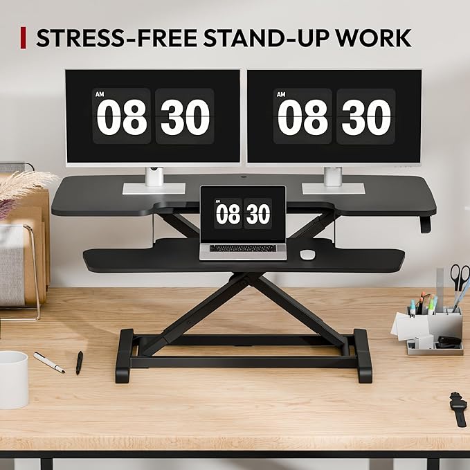 SANODESK 42" Extra Large Standing Desk Converter, Height Adjustable Sit Stand Riser with Wide Keyboard Tray, Dual Monitor Workstation for Home Office, Ergonomic Desktop Riser, Black