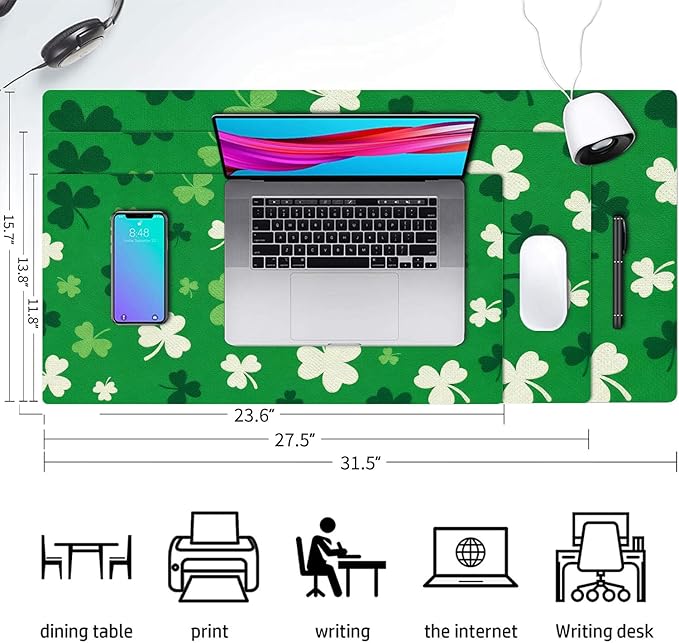 Green Clover Mouse Pad PU Leather Desk Mat Large Waterproof Gaming Pad Non-Slip Keyboard Mouse Pad Writing Pad for Gamer Office&Home